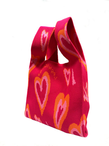 Funky Heart Woven Tote Bag, Hot Pink and Orange.
