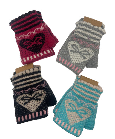 Kids Fingerless Gloves, Heart Print Children's Knit Gloves
