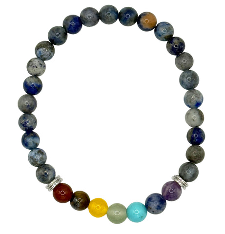 A beaded stretch bracelet featuring natural stone beads in shades of blue, gray, and brown, accented by a row of seven colorful round beads (red, brown, yellow, green, light blue, turquoise, purple) and silver spacer beads, shown on a plain white background.