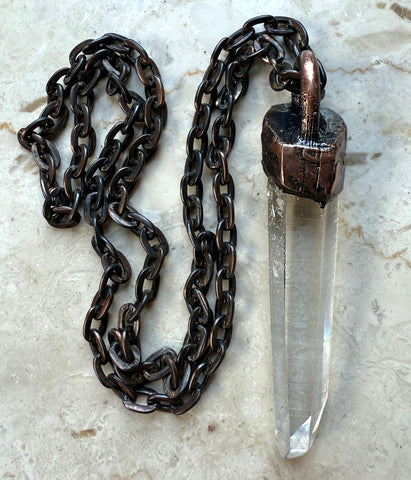 Ultra Clear Lemurian Quartz Crystal Pendant, Large Antique Copper Electroformed Necklace
