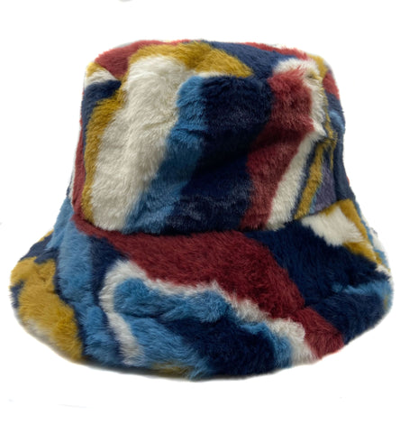 Wavy Multicolored Fuzzy Bucket Hat, Faux Fur