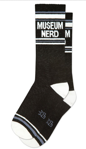 Museum Nerd Socks, black with white text. By Gumball Poodle, Made in USA!