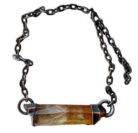 Natural African Smoky Citrine Crystal Horizontal Choker. Antique, Oxidized Electroformed Copper