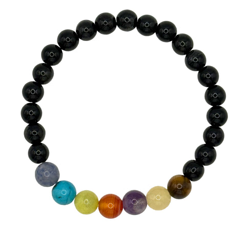 A beaded stretch bracelet featuring a row of polished black beads with a row of multicolored chakra beads at the bottom, displayed on a clean white background.