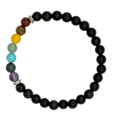 Black beaded bracelet with colored beads on a white background