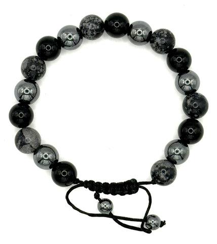 Hematite, Black Obsidian & Galaxy Obsidian Large Stone Bead Bracelet. Black Cord w/ Sliding Knot