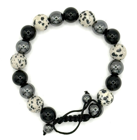 Hematite, Black Obsidian & Dalmatian Jasper Large Stone Bead Bracelet. Black Cord w/ Sliding Knot