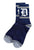Navy blue socks with old english D logo on a white background