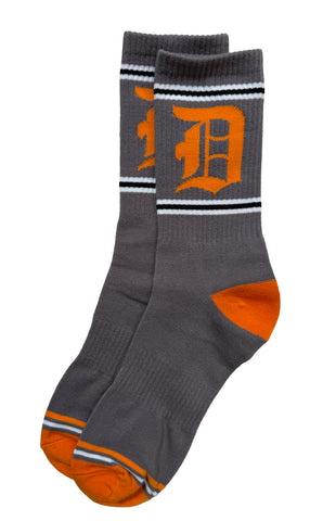 Detroit Old English D Socks. Grey & Orange Crew Cut Socks, by Well Done Goods