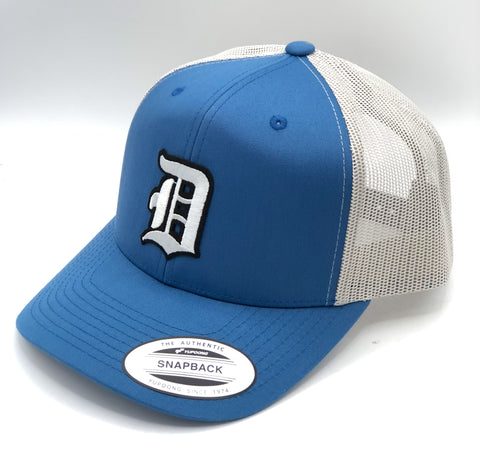 Detroit Old English D Trucker Cap. Blue & Light Grey Gameday colors - curved bill style