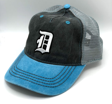 Detroit Old English D Distressed Trucker Cap. Grey & Blue Gameday colors - curved bill style