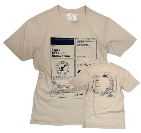 Detroit Old Tiger Stadium Blueprint T-Shirt, Cream. Late 1970s Renovations Tee