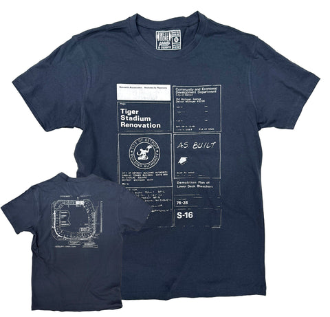 Navy blue t-shirt with stadium renovation blueprint design on a white background