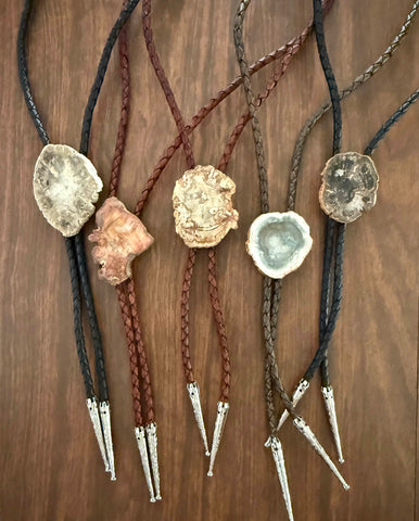 Petrified Wood Bolo Tie. Fossil Stone Bola Leather Lariat Necklace
