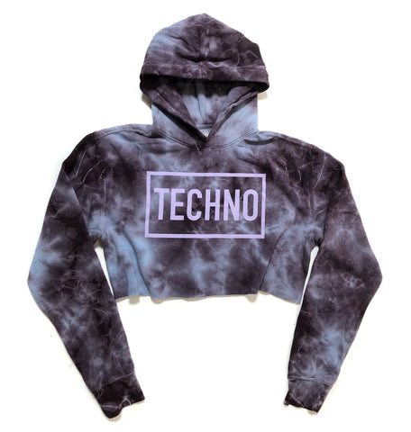 TECHNO Tie Dyed Cropped Hoodie - Pastel Purple/Blue. Ltd Ed. Script Techno Box Sweatshirt