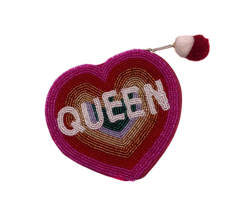 QUEEN Beaded Coin Purse. Pink Heart Beaded Change Purse, Zipper Pouch