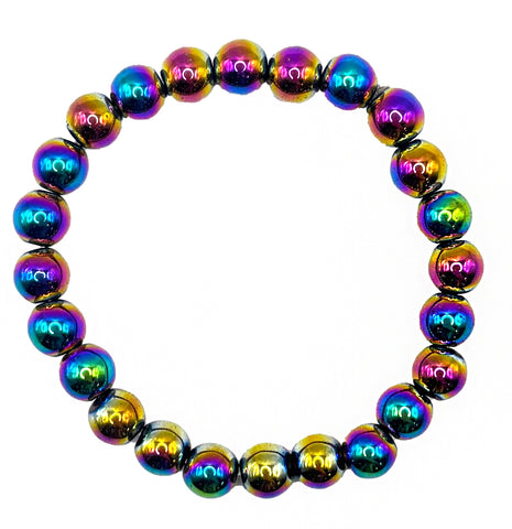 Rainbow Hematite Stone Bead Mala Stretch Bracelet, Titanium Aura Coating