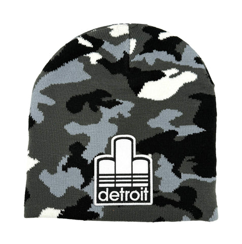 Detroit Renaissance Trefoil Beanie. Black & White Camo Skullcap, Brimless No-Cuff Beanie
