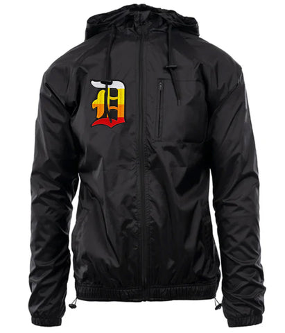 Detroit Rhythm D Tactical Zip Windbreaker. Black Hooded Nylon Wind Breaker Jacket