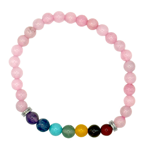 Bracelet with pink rose quartz round beads and a row of colorful beads on a white background