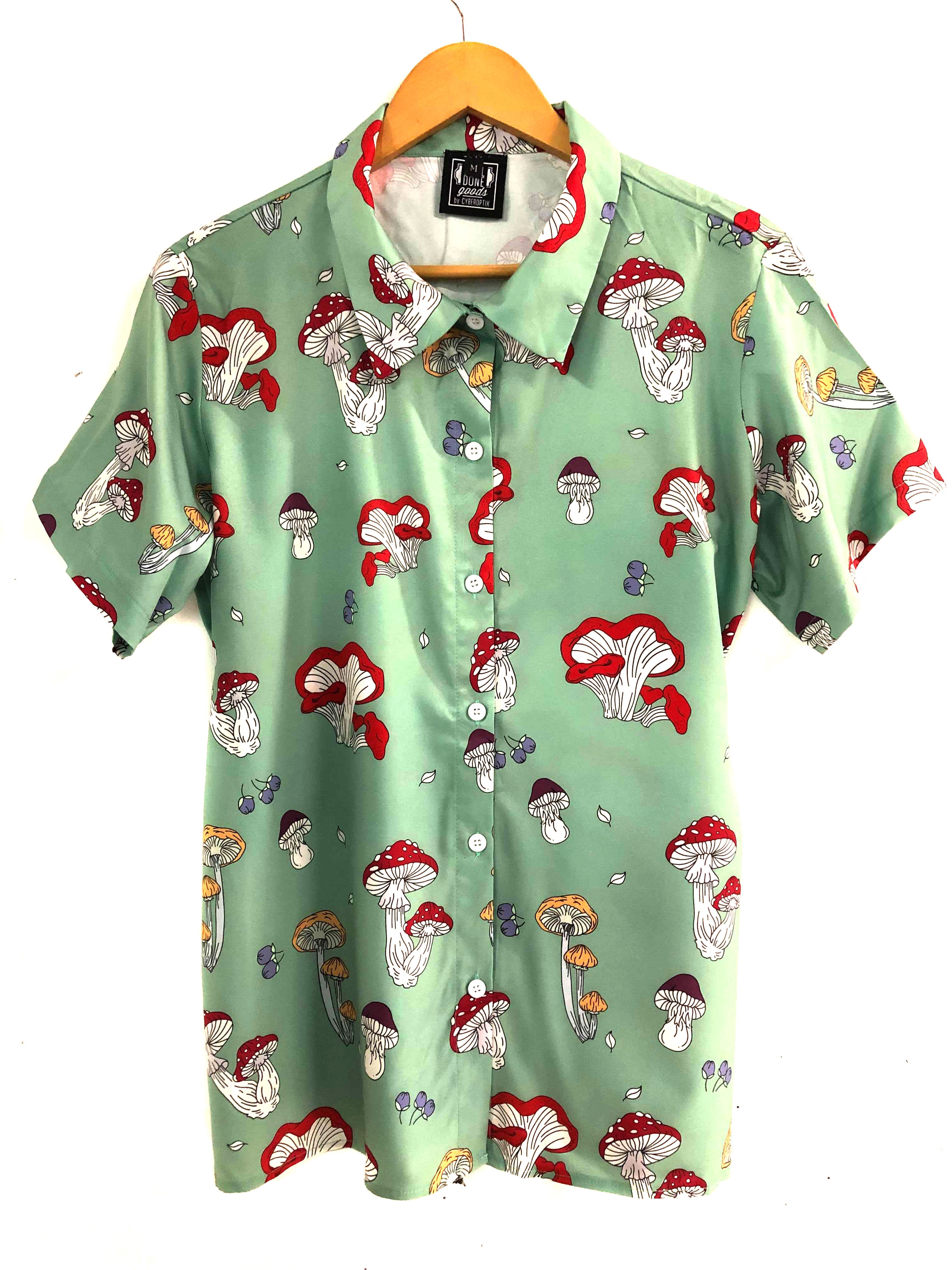 Mushroom and Berries Print Short Sleeve Button-Up Shirt, Sage Green