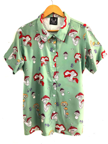 Mushroom and Berries Print Short Sleeve Button-up Shirt, Sage Green