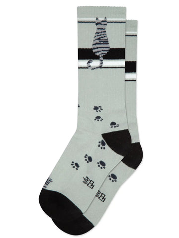 Sitting Pretty Grey Tabby Cat Gym Crew Socks, by Gumball Poodle. Made in USA!