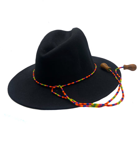 Black Wool Brimmed Hat with Vibrant Tassel, Small Floppy Black Wool Hat.
