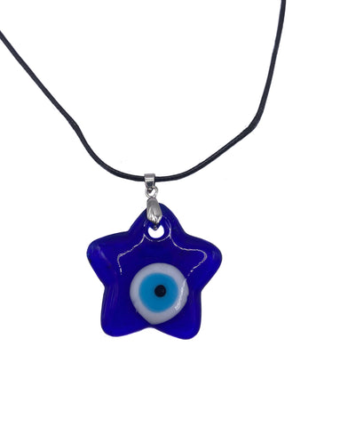 blue star evil eye pendant on a small black corded necklace