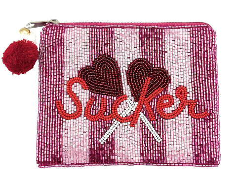 SUCKER Lollipop Beaded Coin Purse. Pink Stripes Beaded Change Purse, Zipper Pouch