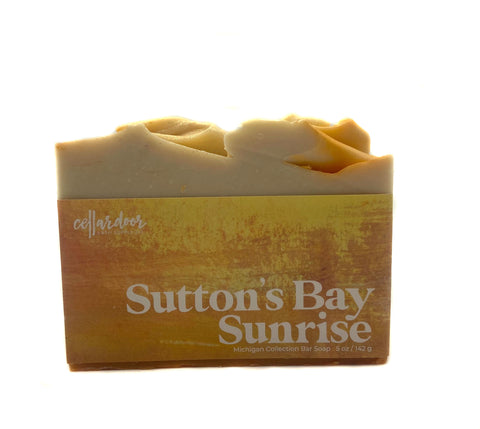 suttons bay sunrise tan bar soap with orange mica shimmer