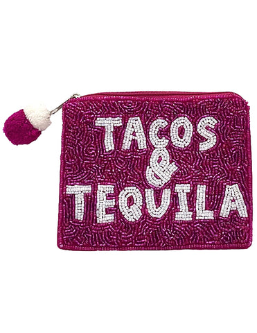 Tacos & Tequila Beaded Coin Purse. Beaded Change Purse, Zipper Pouch, PINK.