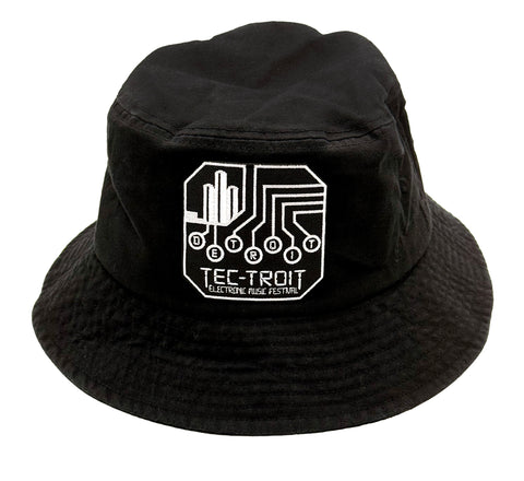 Black bucket hat with a white Tec-Troit logo on a white background