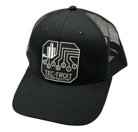 Official Tec-Troit™ Trucker Cap. Curved or Flat Bill Style Black Hat