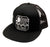 Black Flat Bill trucker cap with a white Tec-Troit logo and text on a white background