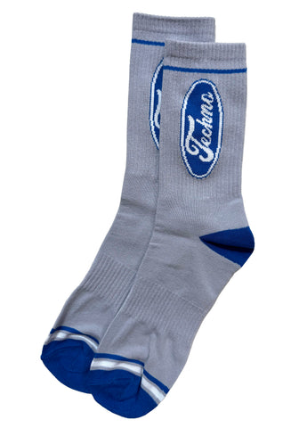 Techno Oval Socks, Well Done Goods. Blue & Grey Crew Cut Gym Socks