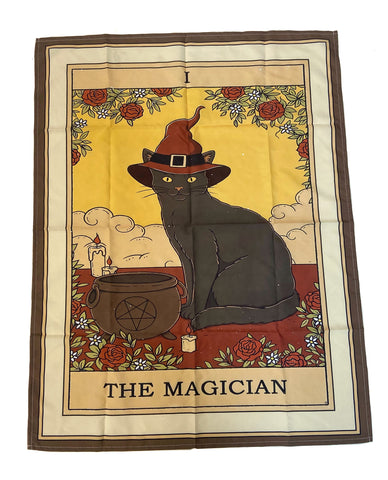 Cat Tarot Tapestry, The Magician. 39"x27" Black Cat Fabric Wall Hanging