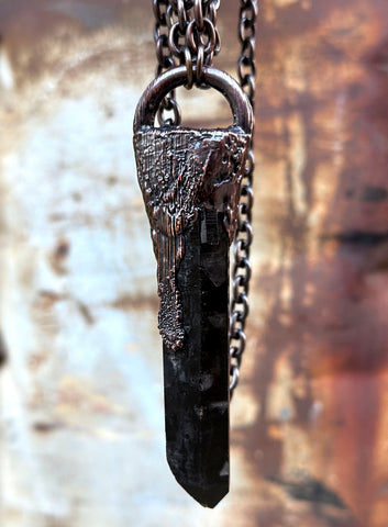 Tibetan Black Quartz Crystal Pendant, Large & Long. Oxidized Textured Electroformed Copper