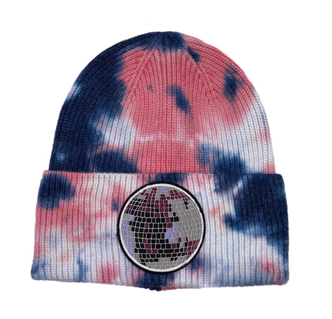 Disco Ball Tie Dye Beanie Caps, Pink & Blue w/ Embroidered Patch