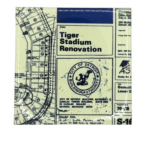 Old Tiger Stadium Ceramic Coaster Tile, 1970s Renovation Blueprints