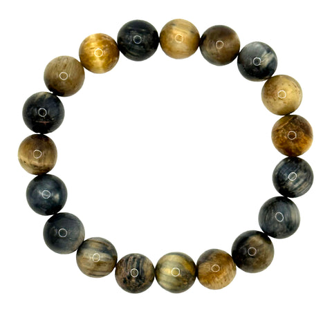 A beaded stretch bracelet made of polished round gemstone beads in alternating dark gray, black, brown, and golden-yellow hues, arranged in a circle on a plain white background.