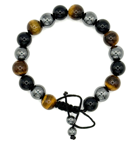 Tiger's Eye, Hematite, & Black Obsidian Large Bead Bracelet. Black Cord w/ Sliding Knot