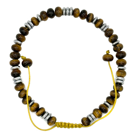 Tiger's Eye Rondelle & Stainless Steel Accent Bead Bracelet. Tan Cord w/ Sliding Knot