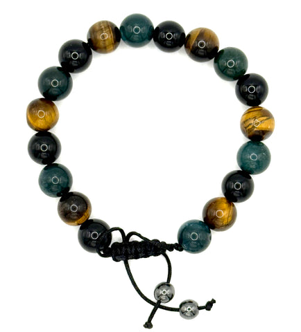 Tiger's Eye, Moss Agate, & Black Obsidian Large Bead Bracelet. Black Cord w/ Sliding Knot