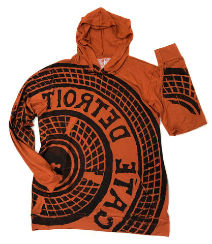 Detroit Manhole Cover Lightweight Jersey Hoodie, Burnt Orange. Detroit Tire Print in black. Limited Edition!
