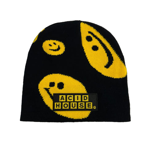 Acid House Patch Smiley Face Skullcap,Trippy Smiley Face Black Brimless Beanie