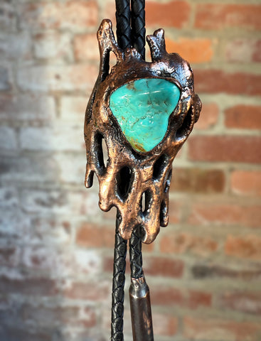 Turquoise & Copper Electroformed Cholla Cactus Bolo Tie - large top stone and dangle tips