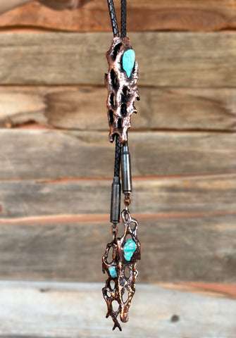 Turquoise & Copper Electroformed Cholla Cactus Bolo Tie - single top stone, XL dangle tips