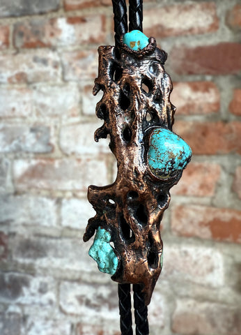 Turquoise & Copper Electroformed Cholla Cactus Bolo Tie - triple top stone, dangle tips