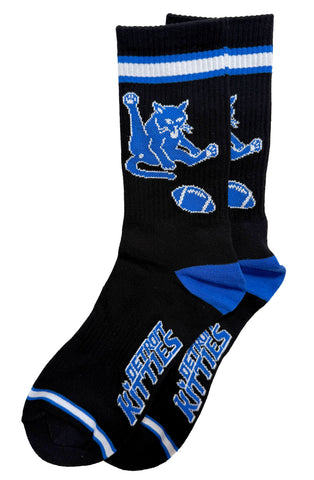 A pair of black crew socks featuring a blue licking cat graphic, football motifs, and 'Detroit Kitties' text in blue and white, shown against a plain white background.
